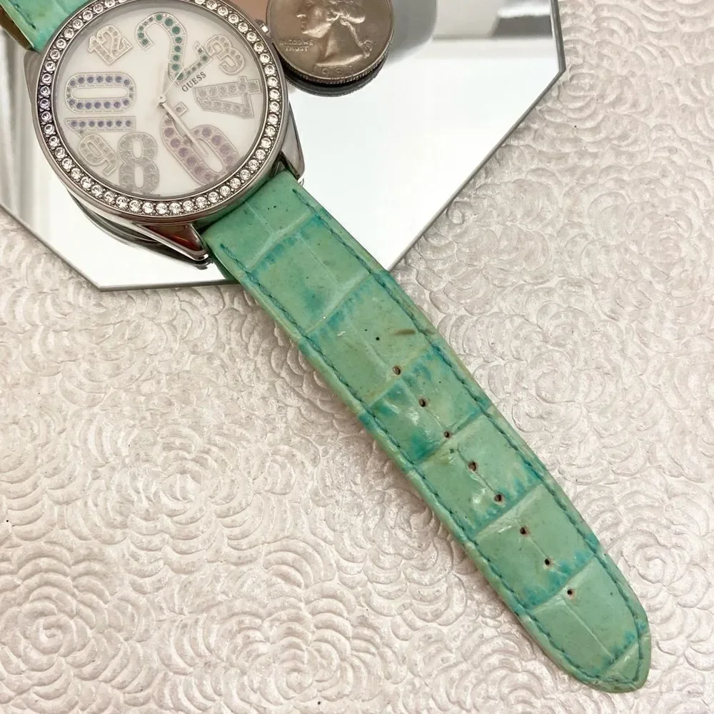 Guess Crystal Accented Bezel and Dial Large Face Watch with Leather Strap